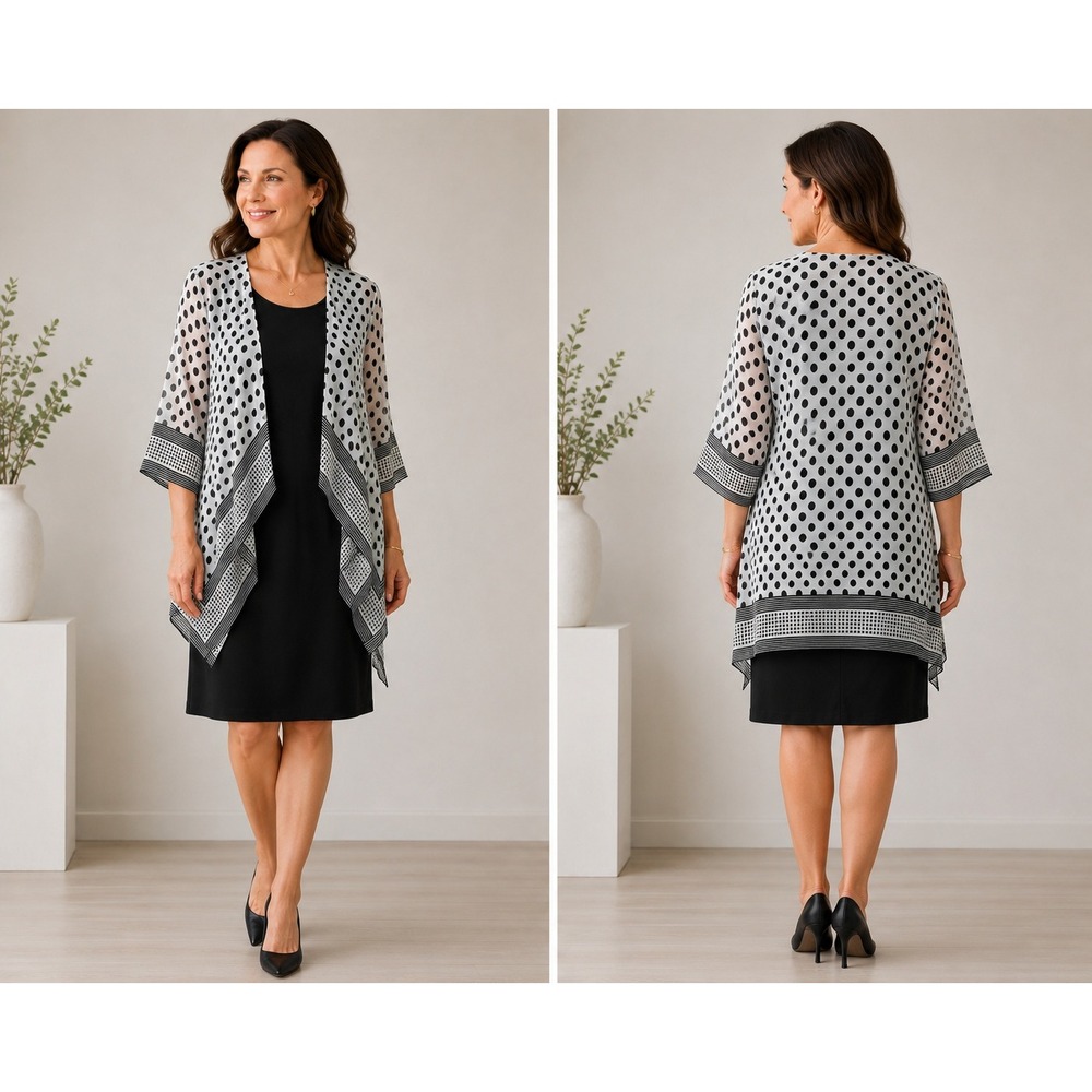 Studio One Dots Kimono Layered Dress Jacket Set XL Black White Career Chic